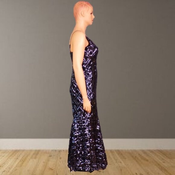 ELIZA J size 14 black sequined thin-strap full-length gown 100% nylon dry clean - Picture 3 of 12